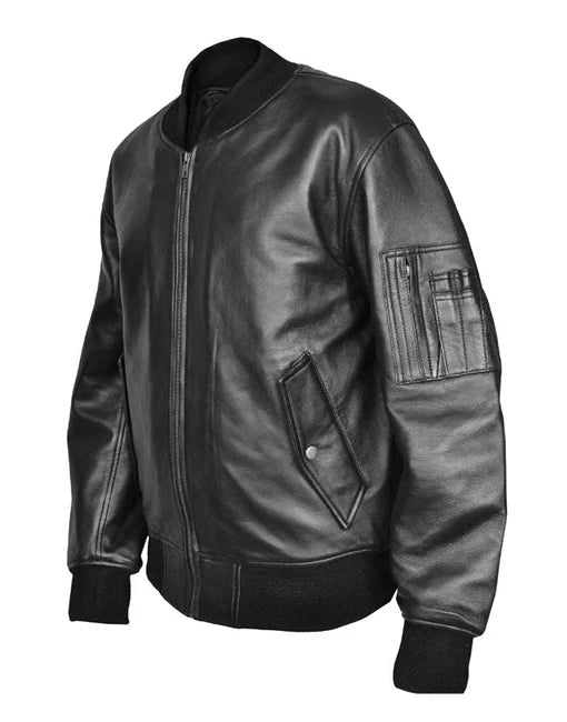 Men's Black Leather Bomber Jacket — Aviation Style - RUGGAN