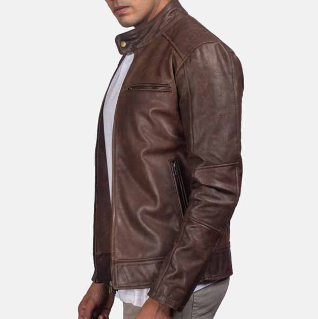 Men’s Brown Cafe Racer Leather Jacket – Slim Fit with Stand Collar & Zipper Details - RUGGAN