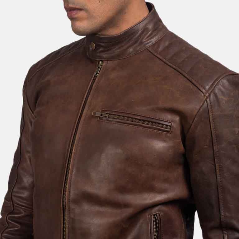 Men’s Brown Cafe Racer Leather Jacket – Slim Fit with Stand Collar & Zipper Details - RUGGAN