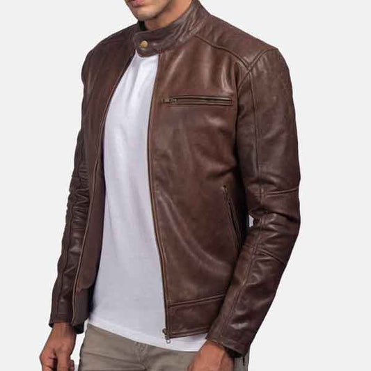 Men’s Brown Cafe Racer Leather Jacket – Slim Fit with Stand Collar & Zipper Details - RUGGAN