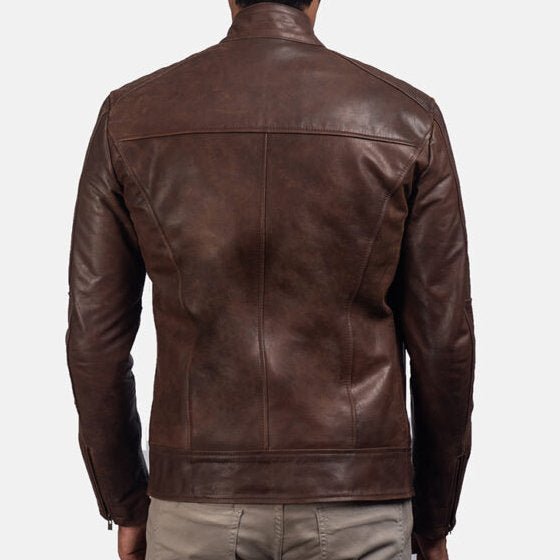 Men’s Brown Cafe Racer Leather Jacket – Slim Fit with Stand Collar & Zipper Details - RUGGAN