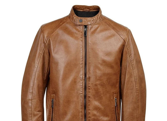 Men's Cognac Leather Moto Jacket — Raglan Sleeve - RUGGAN