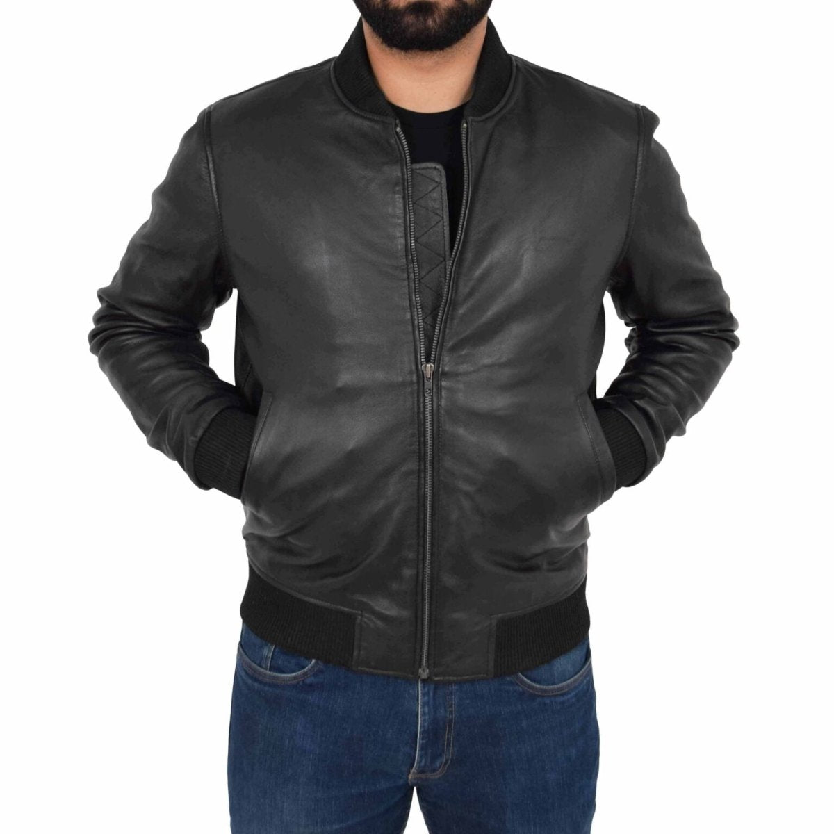 Premium Black Leather Bomber Jacket - Classic Style Meets Modern Comfort - RUGGAN