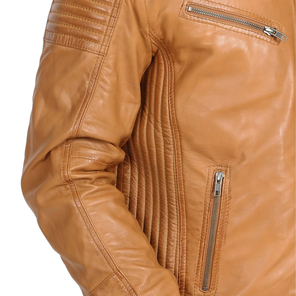 Men's Premium Tan Leather Moto Jacket - Classic Biker Style - RUGGAN