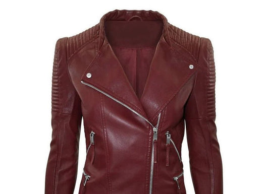 Women's Burgundy Leather Moto Jacket — Quilted - RUGGAN