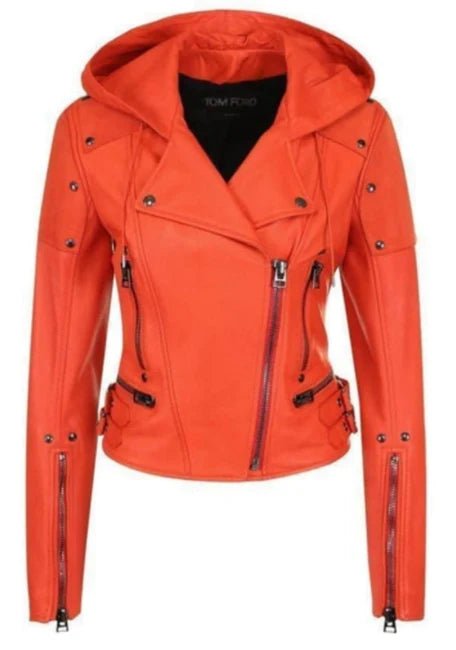 Women's Orange Hooded Moto Leather Jacket - RUGGAN