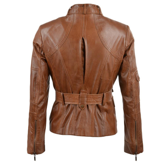 Women’s Tan Belted Leather Utility Jacket – High Collar, Multi - Pocket Design, Urban Explorer Style - RUGGAN