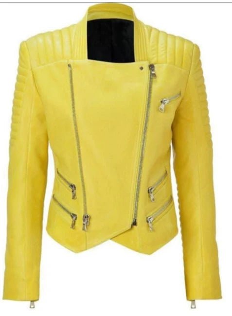 Women's Yellow Quilted Leather Moto Jacket - RUGGAN