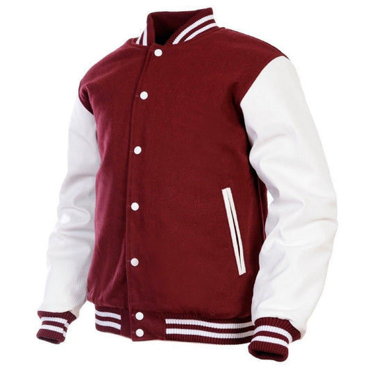 Classic Varsity Leather Jacket - Burgundy &amp; White - RUGGAN