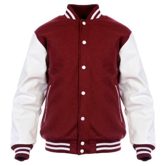 Classic Varsity Leather Jacket - Burgundy &amp; White - RUGGAN