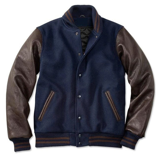 Classic Varsity Leather Jacket - Navy &amp; Brown - RUGGAN