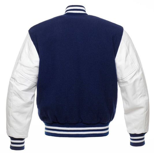 Classic Varsity Leather Jacket - Navy &amp; White - RUGGAN