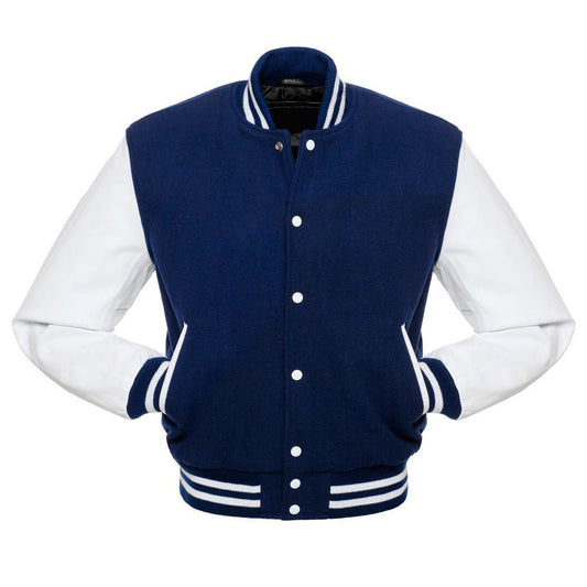 Classic Varsity Leather Jacket - Navy &amp; White - RUGGAN