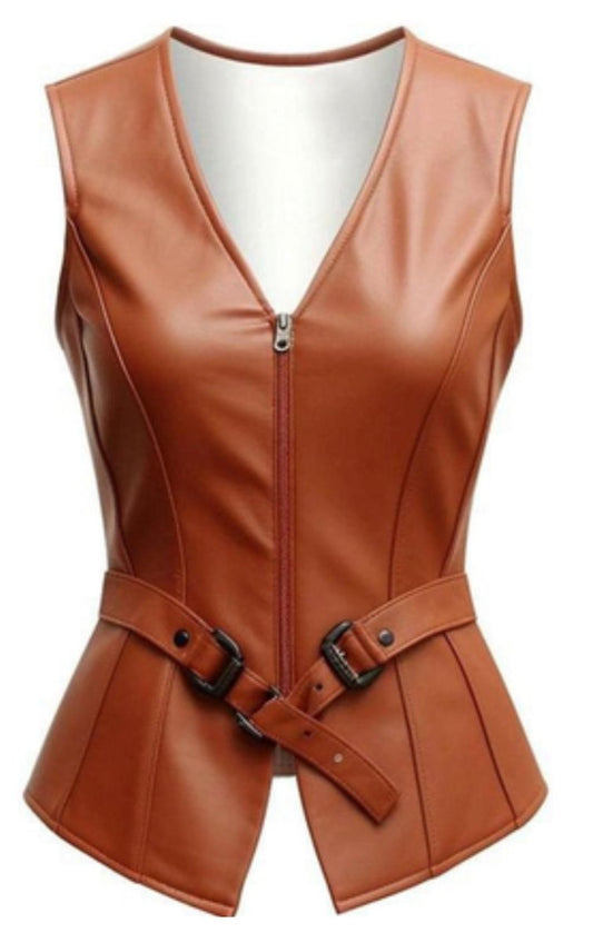 Genuine Leather Zip - Front Vest with Belt Details - Cognac Brown - RUGGAN