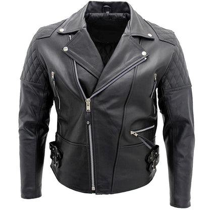 Men’s Black Biker Leather Jacket – Quilted Shoulder Cowhide Moto Style with Asymmetrical Zipper - RUGGAN