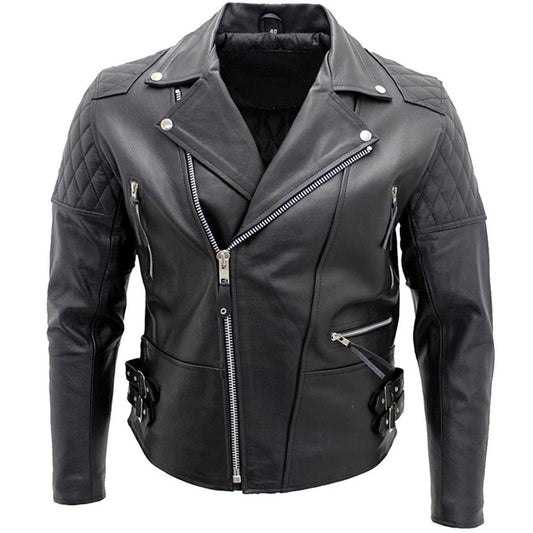 Men’s Black Biker Leather Jacket – Quilted Shoulder Cowhide Moto Style with Asymmetrical Zipper - RUGGAN