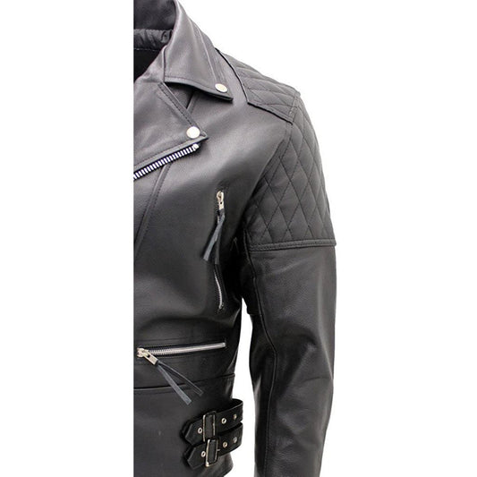 Black cowhide motorcycle jacket with asymmetric zipper