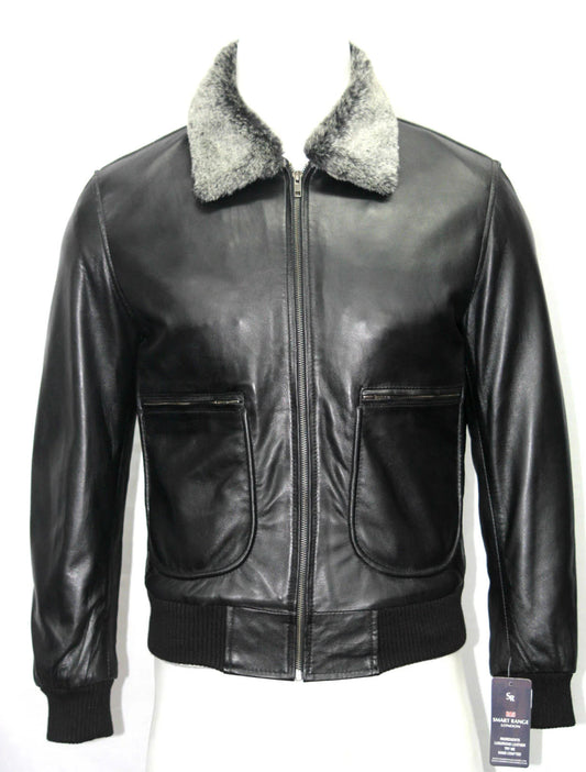 Men’s Black Leather Bomber Jacket - RUGGAN