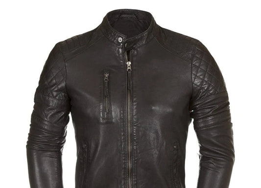 Men's Black Leather Moto Jacket — Quilted Detail - RUGGAN