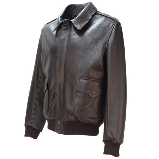 Men’s Classic Brown Leather A - 2 Bomber Jacket – Military Flight Style with Ribbed Waist & Cuffs - RUGGAN