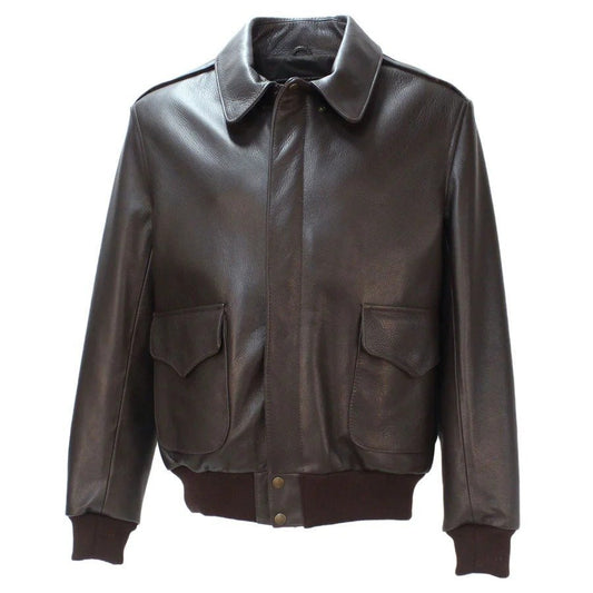 Men’s Classic Brown Leather A - 2 Bomber Jacket – Military Flight Style with Ribbed Waist & Cuffs - RUGGAN