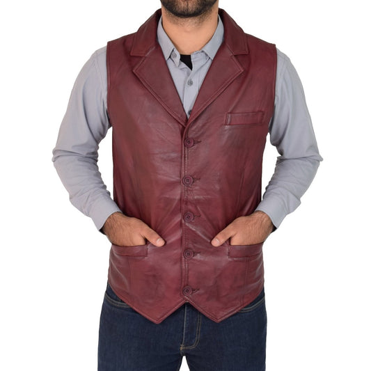 RUGGAN burgundy leather waistcoat in a structured men's fit