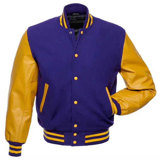 Premium Varsity Leather Jacket - Navy & Gold - RUGGAN