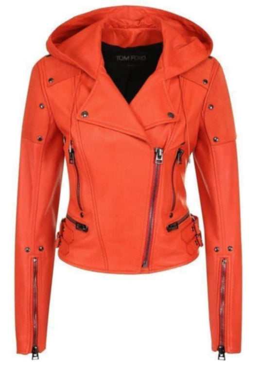 Vibrant Orange Hooded Moto Leather Jacket - RUGGAN