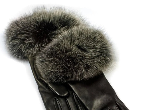 Women's Black Leather Gloves — Fox Fur Trim - RUGGAN