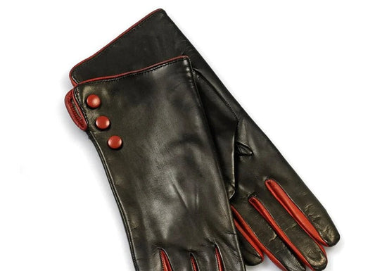 Women's Black Leather Gloves — Red Stitching - RUGGAN