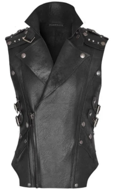 Women's Black Studded Leather Moto Vest - RUGGAN
