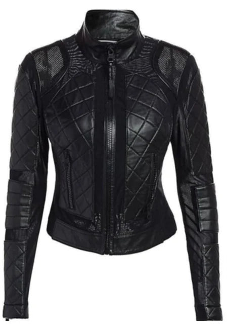 Women's Black Textured Quilted Moto Jacket - RUGGAN