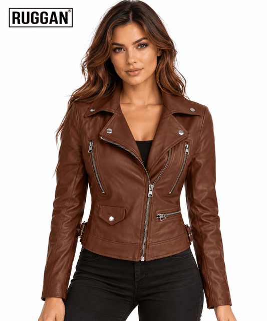 Women's Brown Asymmetrical Biker Jacket — Tailored Fit - RUGGAN