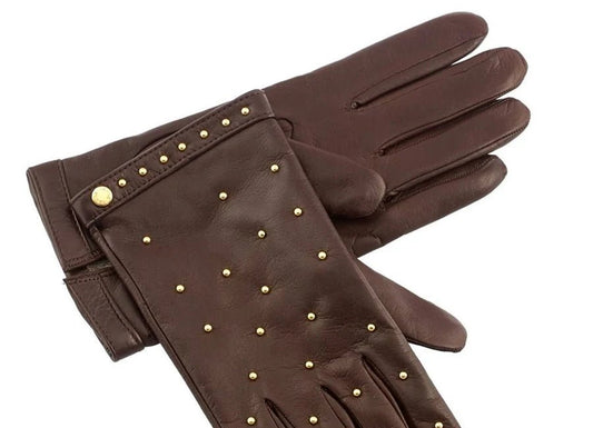 Women's Brown Studded Leather Gloves - RUGGAN
