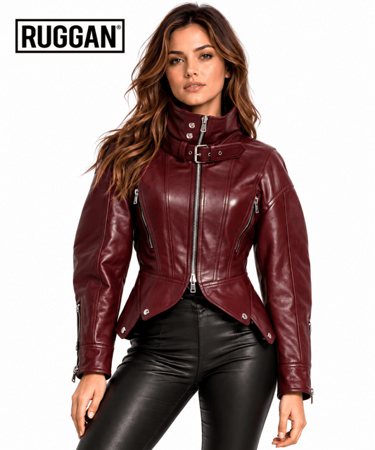 Women's burgundy leather gothic jacket with Victorian-inspired styling
