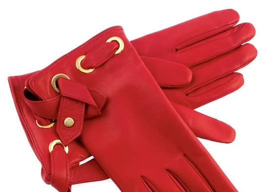 Women's Red Lace-Up Leather Gloves - RUGGAN