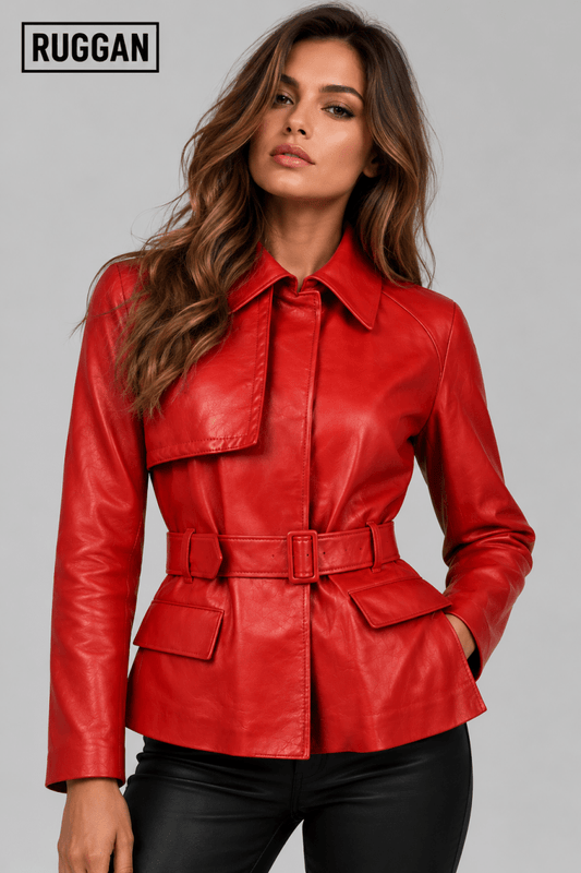 Red belted leather jacket for women with front flap pockets
