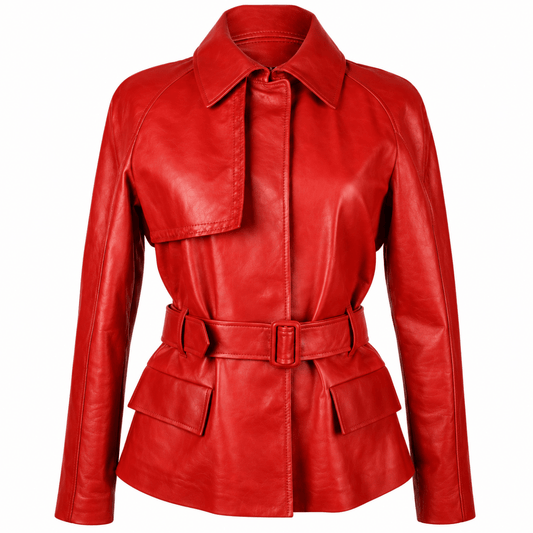 Women's red leather trench jacket with belted waist