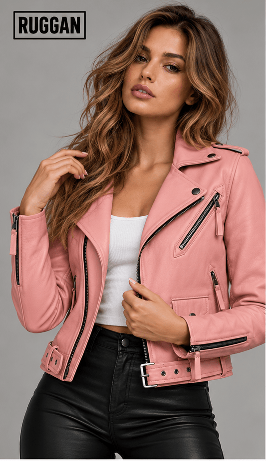 Pink cropped leather biker jacket for women