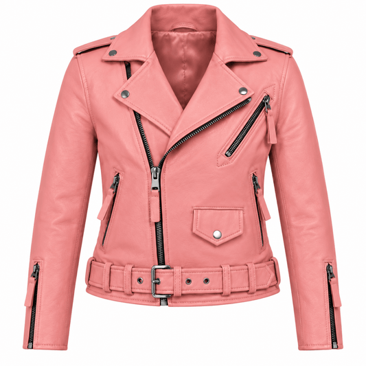 Women's soft pink leather moto jacket in a cropped cut