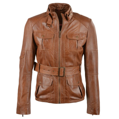 Women’s Tan Belted Leather Utility Jacket – High Collar, Multi - Pocket Design, Urban Explorer Style - RUGGAN